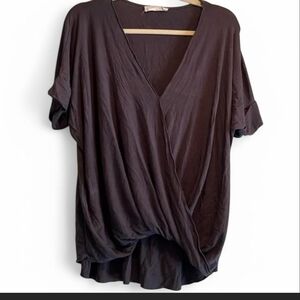 Double Zero Wrap Blouse in Brown and Purple with Cuffed Sleeves